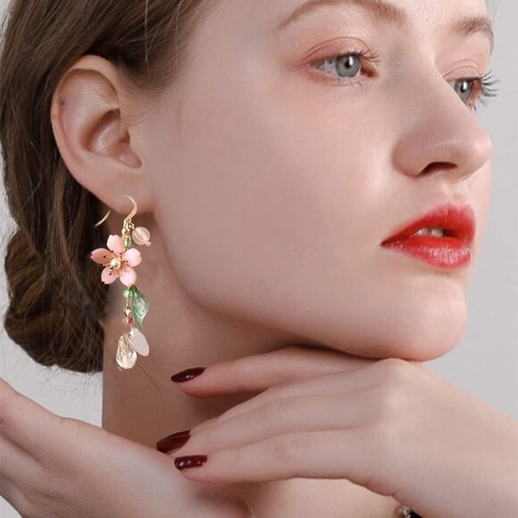 Pink Flower Dangle Earrings for Women Cute Pearl Leaf Cherry Blossom Earrings Fa - Picture 2 of 6